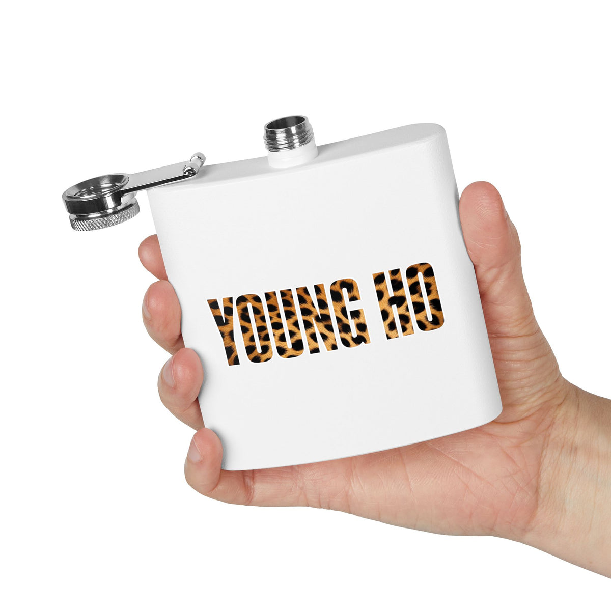 Leopard Print "YOUNG HO" 6oz Stainless Steel Flask